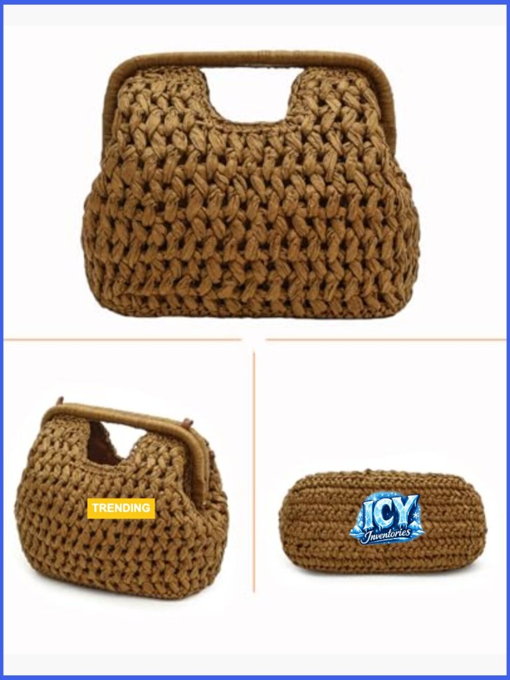 Natural Straw Woven Clutch Purse, Beach Crossbody Bag with Gold Chain - Picture 5 of 7